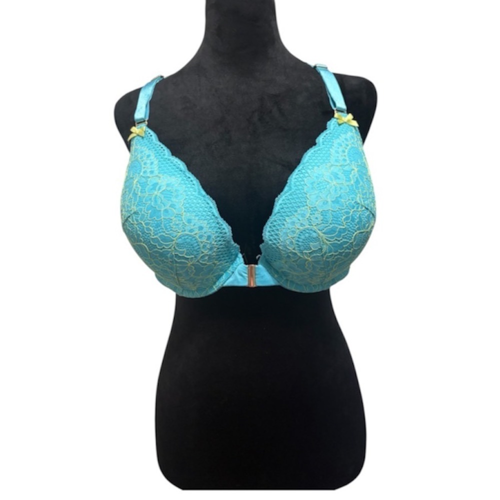Cacique Front Close Bra 40DD Blue Yellow Lace Racerback Underwire